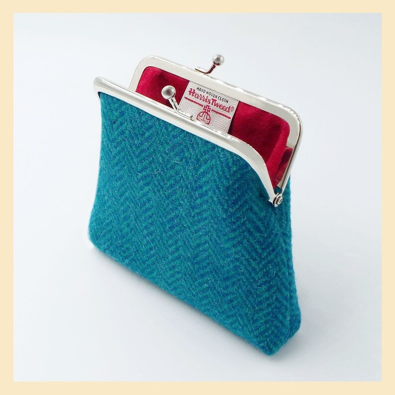 teal and turquoise herringbone purse handmade in Scotland Harris Tweed purse