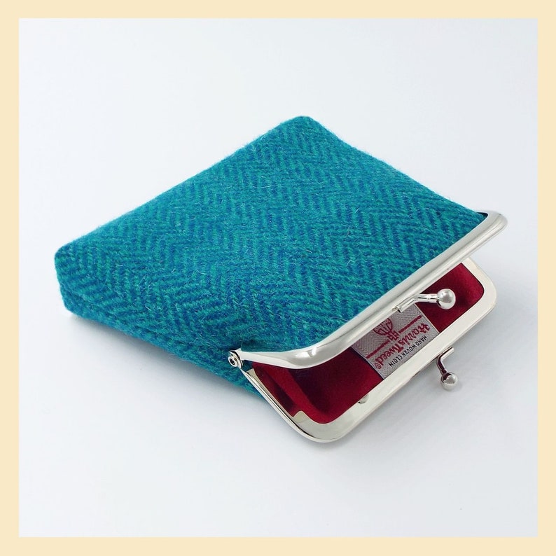 teal and turquoise herringbone purse handmade in Scotland Harris Tweed purse
