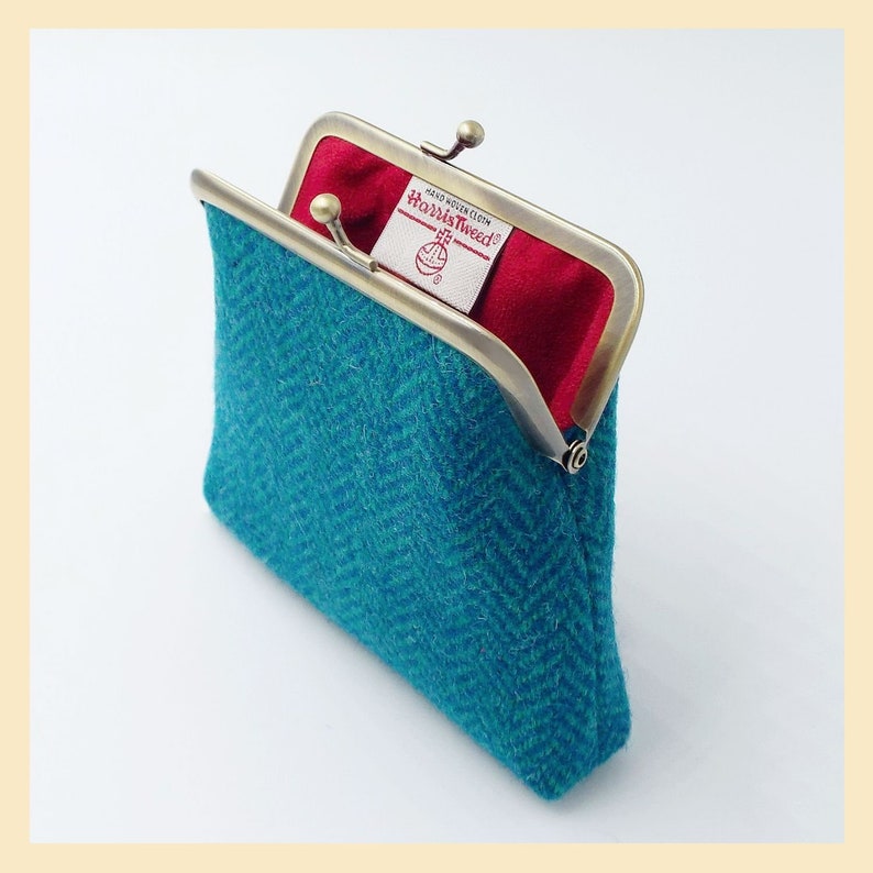 teal and turquoise herringbone purse handmade in Scotland Harris Tweed purse