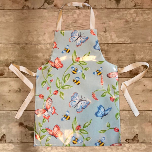 Butterflies and bees Childs kids oilcloth PVC adjustable Velcro neck wipe clean apron 3 sizes