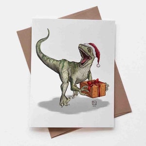 Velociraptor Holiday Card | Design#095 | Size A2 | 4.25" x 5.25" folded | Gift for Dinosaur Lovers | Blank Christmas Card