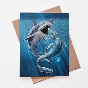 Megalodon contre Mosasaurus carte | Modèle n°097 | Taille A2 | 4,25 x 5,25 pouces plié | Animaux préhistoriques | Paléontologie | Carte de correspondance vierge