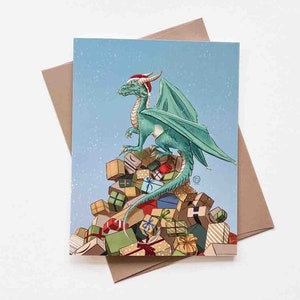 Dragon Hoard of Presents Christmas Card | Design#101 | Size A2 | 4.25" x 5.25" folded | dragon art | Holiday Card