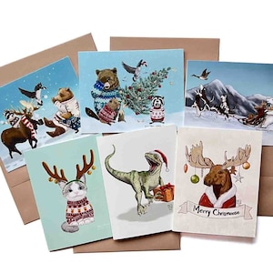 Pacote de 6 cartões de Natal com animais engraçados, tamanho A2 | 4,25" x 5,25" dobrados | Economize 25% | Cartões de Natal engraçados