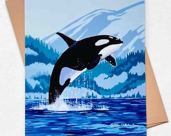Leaping Orca Greeting Card | Design#077 | Size A2 | 4.25" x 5.25" folded | Blank Note Card