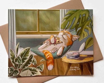 Chat dans un hamac | Modèle n°012 | Anniversaire | Anniversaire | Amitié | Merci | Guérir | Carte de correspondance vierge