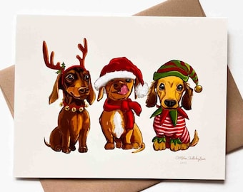 Three Dachshunds Christmas Card | Design#050 | funny | Animals | Holiday | dog lovers | Blank Greeting Card