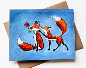 Zwei Liebende Füchse Karte | Motiv#035 | Größe A2 | 11 cm x 13 cm gefaltet | Valentinstag | Hochzeit | Verlobung | Liebe | Blanko-Karte