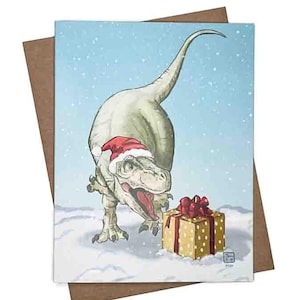 Carte de Noël T-Rex | Anniversaire | Modèle n° 112 | Taille A2 | 4,25 x 5,25 pouces plié | Carte Pour Les Fêtes | Dino | Carte dinosaure
