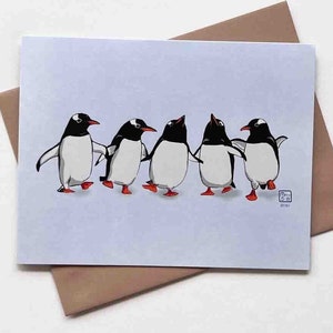 cinq pingouins dansants carte de vœux | Modèle 103 | Taille A2 | 4,25 x 5,25 pouces plié | Anniversaire | Merci | Noël | Carte de vœux