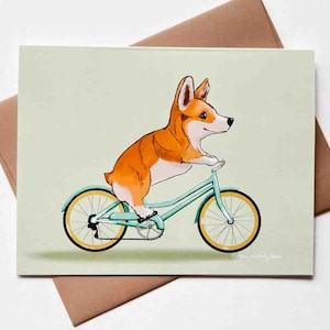 vélo d'équitation corgi | Modèle n°065 | Anniversaire | Chien | Merci | Taille A2 | 4,25 x 5,25 pouces plié | Carte de correspondance vierge