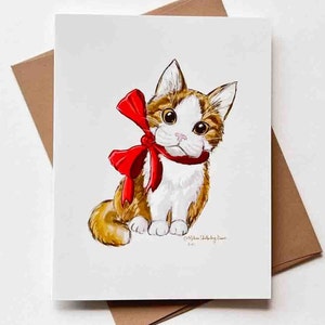 chat à l'arc | Modèle n°055 | Taille A2 | 4,25 x 5,25 pouces plié | Noël | Vacances | Animal mignon lunatique | Carte de voeux vierge