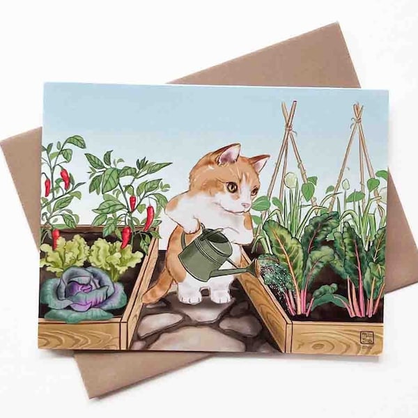 Mr.Kitty's Vegetable Garden Greeting Card | Design#091| Size A2 | 4.25" x 5.25" folded | Birthday | Thank You | Blank Note Card