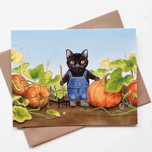 Kitty de fermier de citrouille carte de vœux | Modèle n°092 | Taille A2 | 4,25 x 5,25 pouces plié | Halloween | Action de grâces | Carte de correspondance vierge