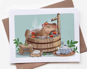 Capybara Spa Day Greeting Card | Design#102 | Size A2 | 4.25" x 5.25" folded | Halloween | Thanksgiving | Blank Note Card