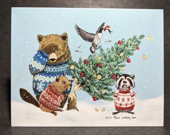 Une autre carte de Noël de barrage | Modèle n°019 | drôle | Animaux | Vacances | Ours | Castor | Oie | Raton laveur | Canadiana | Carte de voeux vierge