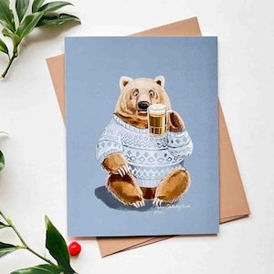 Ours brun avec une bière | Modèle n°025 | Taille A2 | 4,25 x 5,25 pouces plié | Merci | Félicitations | Carte de correspondance vierge