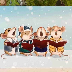Christmas Carolling Mice Holiday Card | Design#083 | Size A2 | 4.25" x 5.25" folded | Holiday Blank Greeting Card