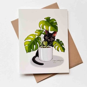 Carte d'usine de chat noir et de Monstera | Modèle n°052 | Merci | Anniversaire | Félicitations | Carte de correspondance vierge
