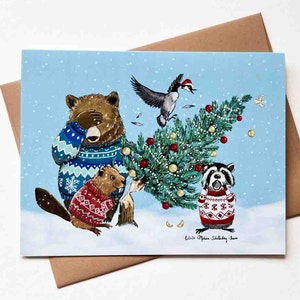 Une autre carte de Noël de barrage | Modèle n°019 | drôle | Animaux | Vacances | Ours | Castor | Oie | Raton laveur | Canadiana | Carte de voeux vierge