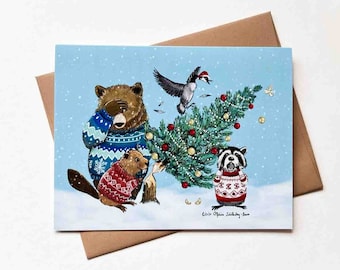 Un altro biglietto di auguri di Natale / Design n. 019 / divertente / Animali / Festività / Orso / Castoro / Oca / Procione / Canadiana / Biglietto di auguri vuoto
