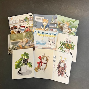 Variété de cartes de voeux chat | Lot de 9 cartes | Économisez 35 % | Taille A2 | 4,25 x 5,25 pouces plié
