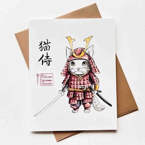 Kitty de samouraï carte de vœux | Modèle n°028 | Taille A2 | 4,25 x 5,25 pouces plié | Carte de voeux vierge | Carte de correspondance