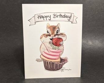 Chipmunk Cupcake Birthday Card | Design#021 | Funny | Whimsical | Blank Note Card