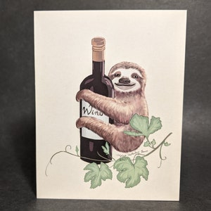 Sloth on a Bottle of Wine | Design#024 | Size A2 | 4.25" x 5.25" folded | Funny | Birthday | Thank You | Anniversary | Blank Note Card