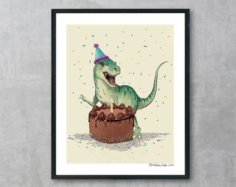 T-Rex Birthday Fine Art Print | Unframed | Funny Birthday Home Decor | Dinosaur Wall Art