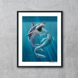Megalodon vs Mosasaurus Fine Art Print | Unframed | Prehistoric Animal Art | Home Decor