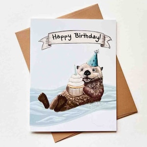 carte d'anniversaire de loutre de mer | Modèle n°022 | Animaux | Fantastique | Drôle | Mignon | Océan | Carte de voeux vierge | Carte de correspondance