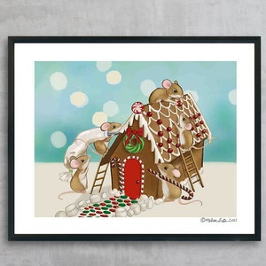 Mice Gingerbread House Construction Crew Print | Unframed | Whimsical | Christmas | Holiday Home Decor