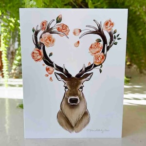 cerf avec des fleurs carte de vœux | Modèle n°084 | Taille A2 | 4,25 x 5,25 pouces plié | Amour | Carte de correspondance vierge