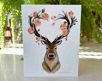 Stag With Flowers Greeting Card | Design#084 | Size A2 | 4.25" x 5.25" folded | Love | Blank Note Card