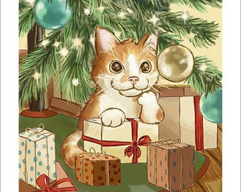 Cat Under the Christmas Tree Fine Art Print | Unframed | Whimsical
