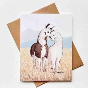 Lamas amoureux carte de vœux | Modèle n°031 | Taille A2 | 4,25 x 5,25 pouces plié | Fiançailles | Mariage | Fantastique | Carte de correspondance vierge