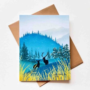 Cerf d'hiver dans les montagnes | Modèle n° 003 | Taille A2 | 4,25 x 5,25 pouces plié | Vacances | Félicitations | Carte de correspondance vierge