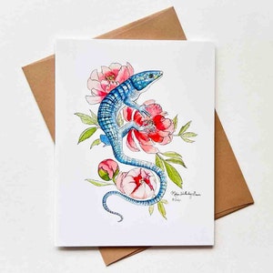 lézard sur des pivoines cartes de vœux | Modèle n°032 | Taille A2 | 4,25 x 5,25 pouces plié | Merci | Anniversaire | Anniversaire | Carte de correspondance vierge