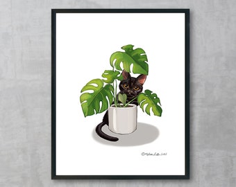黒猫とモンステラのファインアートプリント | フレームなし | 動物 | ホリデーホームデコレーション