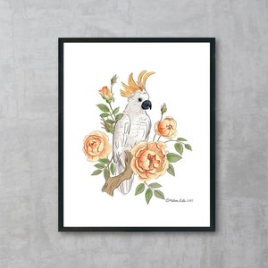 Cockatoo and Roses Fine Art Print | Unframed |  Home Decor | House Warming Gift | Gift for Bird Lovers