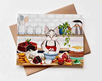 Puede incluir: Un gato blanco y gris con un delantal rojo con una huella de pata está horneando en una cocina. El gato está mezclando masa en un tazón azul. Hay pasteles, galletas y cupcakes en la encimera.