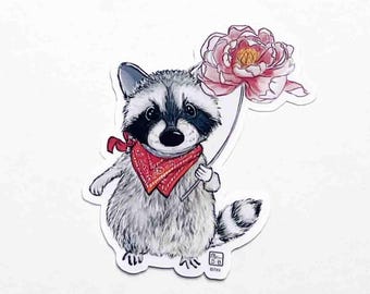 Adesivo de flor de guaxinim | 3" | Semi-brilho | Resistente à água | Laptop | Adesivo para garrafa de água | Trash Panda