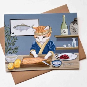 Carte Kitty de chef de sushi | Modèle n° 039 | Merci | Amitié | Carte de correspondance vierge