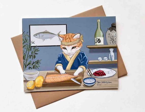 Sushi Chef Kitty Card | Design#039 | Thank You | Friendship | Blank Note Card