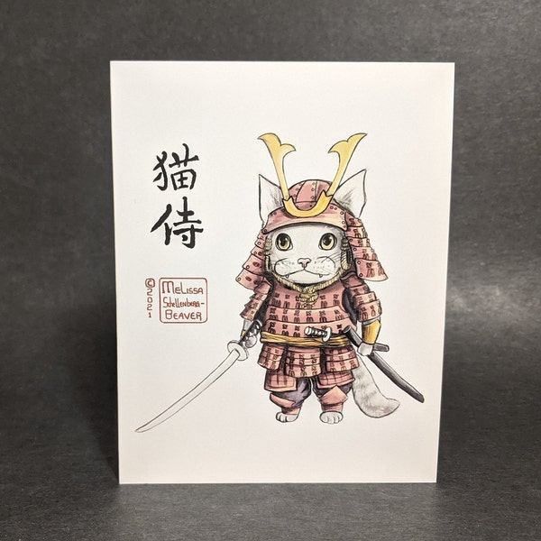 Samurai Kitty Greeting Card | Design#028 | Size A2 | 4.25" x 5.25" folded | Blank Greeting Card | Note Card