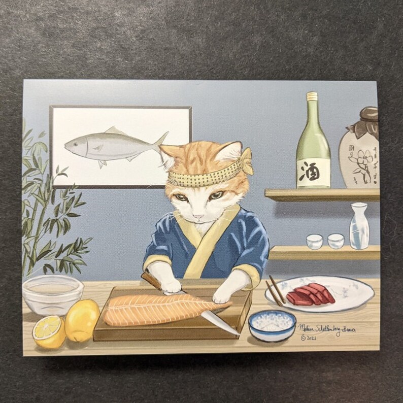 Tarjeta de gatito chef de sushi / Diseño n.° 039 / Agradecimiento / Amistad / Tarjeta en blanco imagen 3