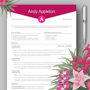 Clean Modern Professional Monogram CV Resume Template for Microsoft Word With Free Bonus Cover Letter Entry Level Instant Download, Hot Pink