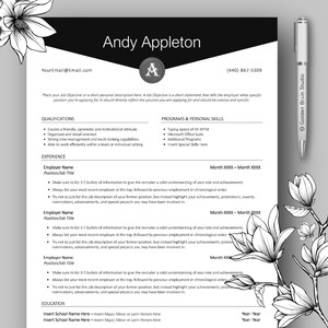 Clean Modern Professionelles Monogramm Lebenslauf Vorlage für Microsoft Word mit kostenlosem Bonus Anschreiben, Einstiegsebene, Sofortiger Download, B&W