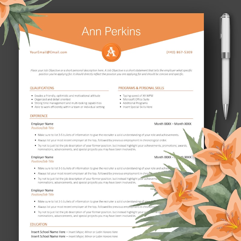 Modern Professional Monogram CV Resume Template for Microsoft | Etsy